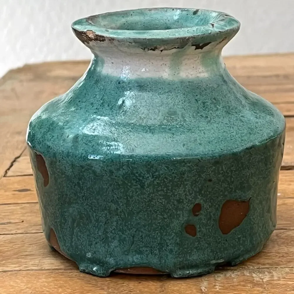 Studio Art Pottery Vase Stoneware Green Blue Drip Glaze